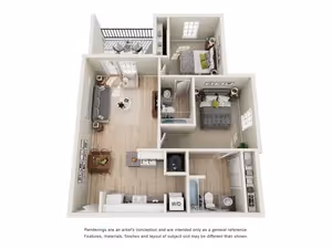 Floor plan rendering of the B2 model at Ascension at Ironwood in Tucson, AZ, a 2-bedroom, 2-bathroom apartment with a spacious living room and balcony.