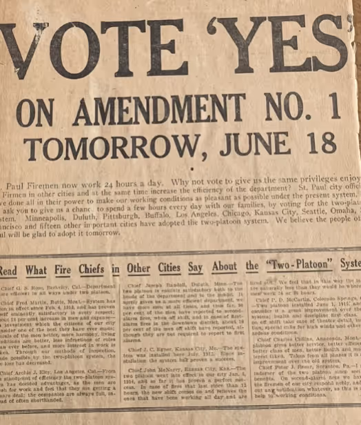 Historic newspaper clipping urging Saint Paul citizens to vote yes on Amendment No. 1, June 18.