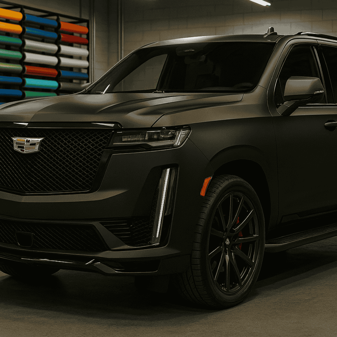 A blacked-out Cadillac Escalade with matte wrap.