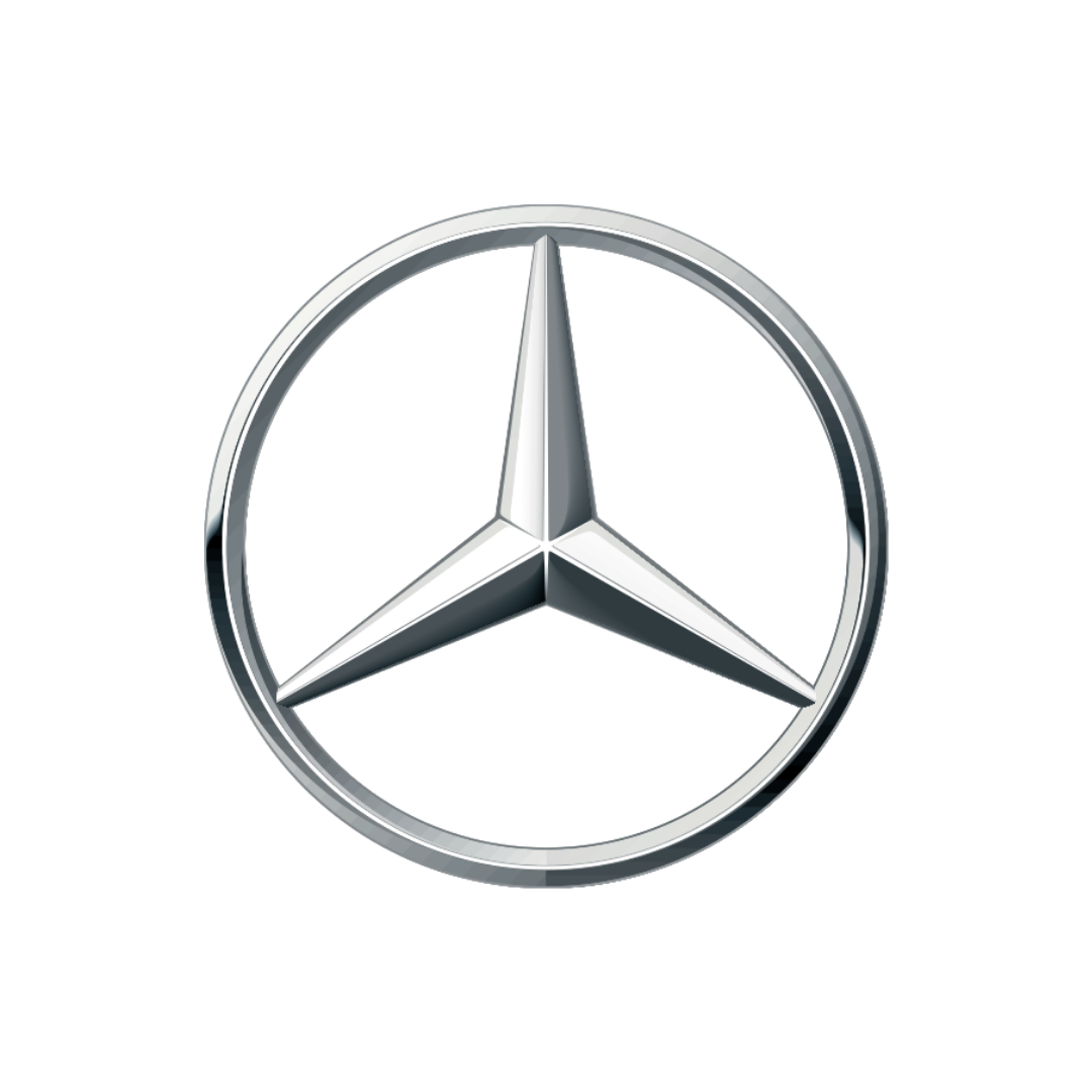 Mercedes logo in silver chrome over a white background.