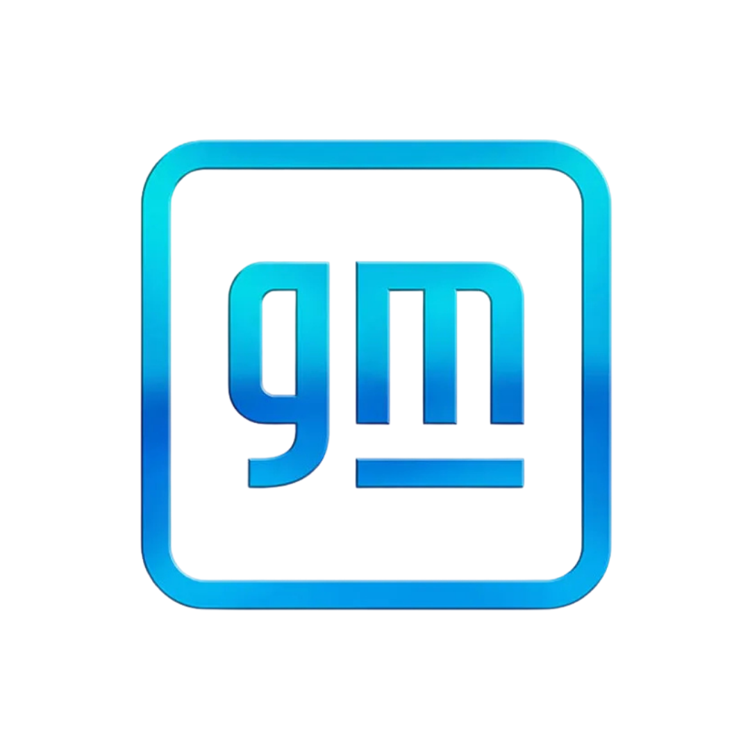 Blue, shiny General Motors logo over a white background.
