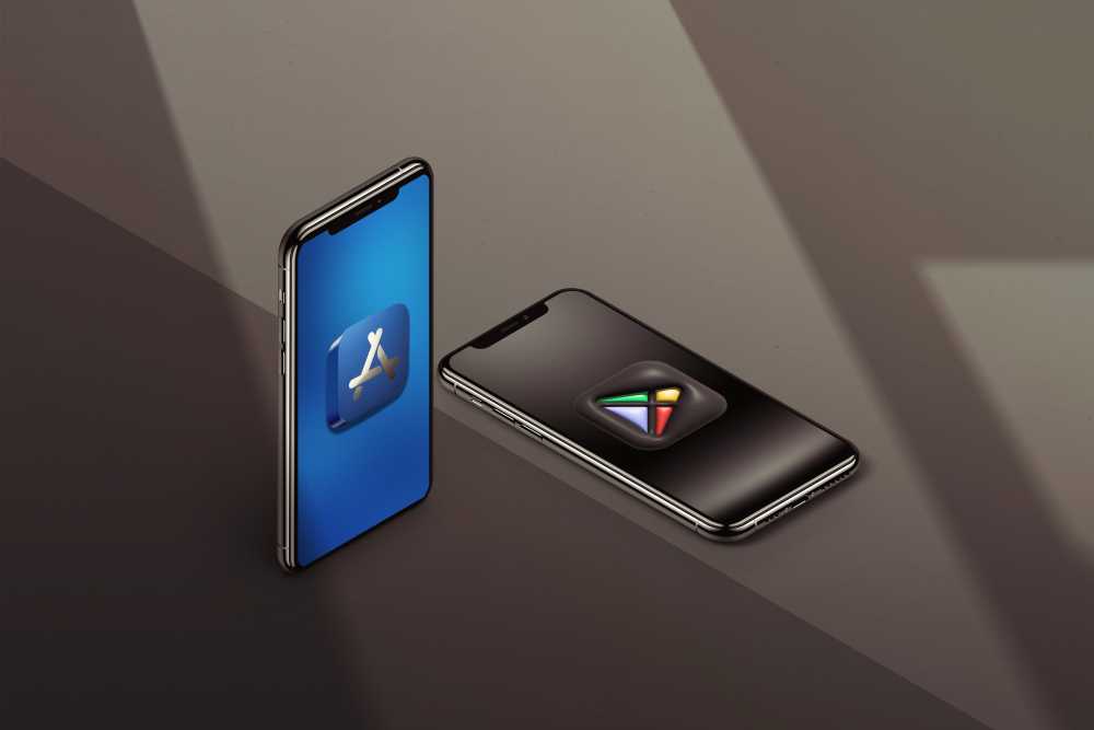 Two phones floating, one with an Apple Store Icon and the other with a Google Play Icon.