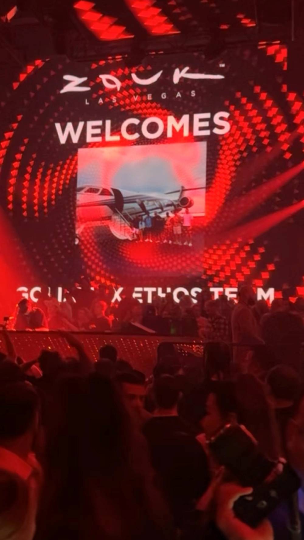 A screen at a club in Las Vegas saying "Welcome Ethos"