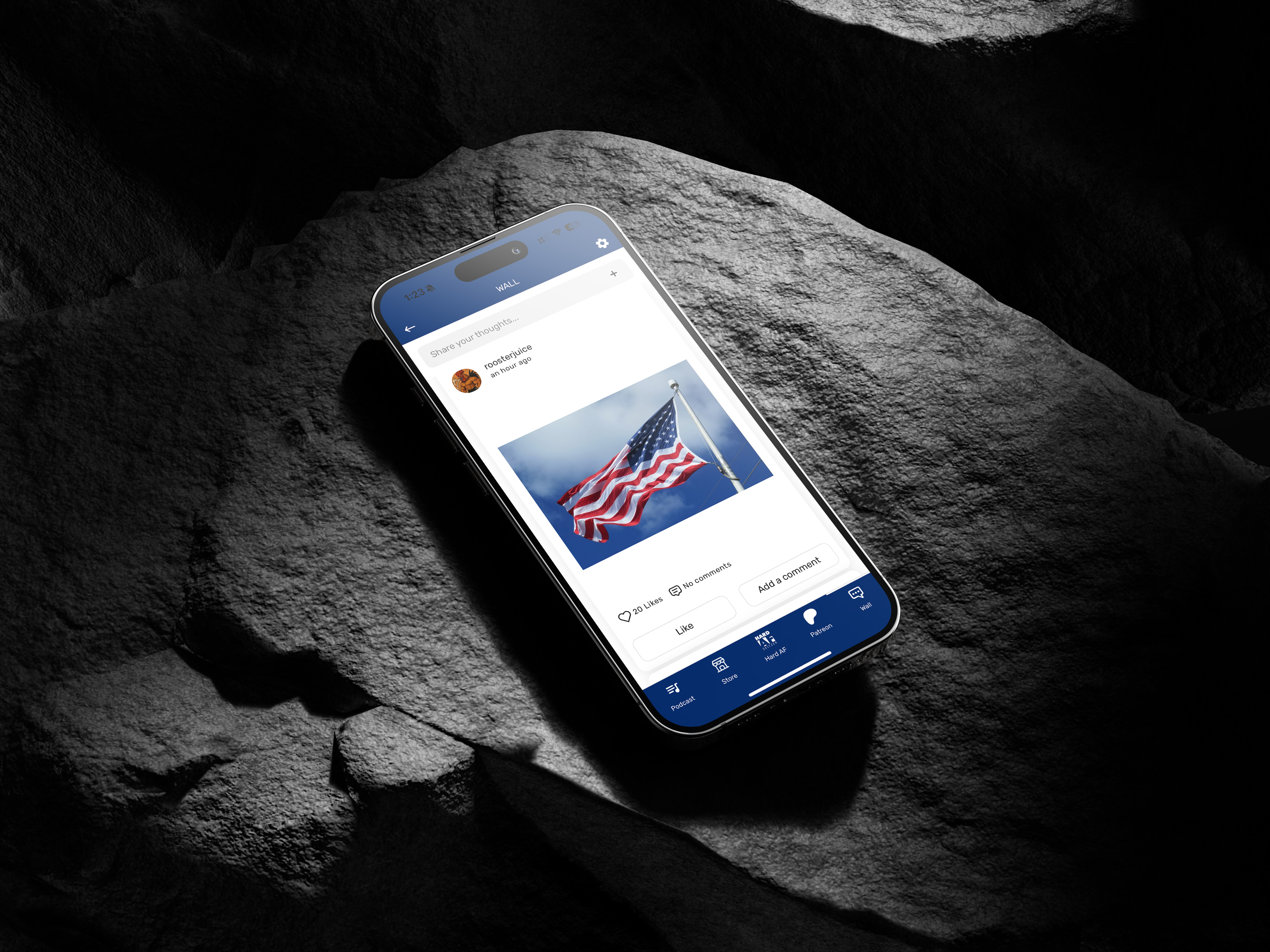 Smartphone displaying American flag post on social media app