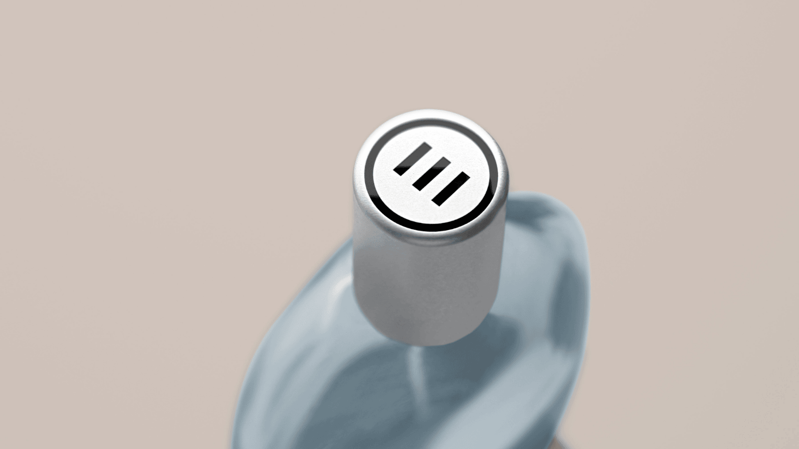 Minimalist water bottle with pause symbol on gray background