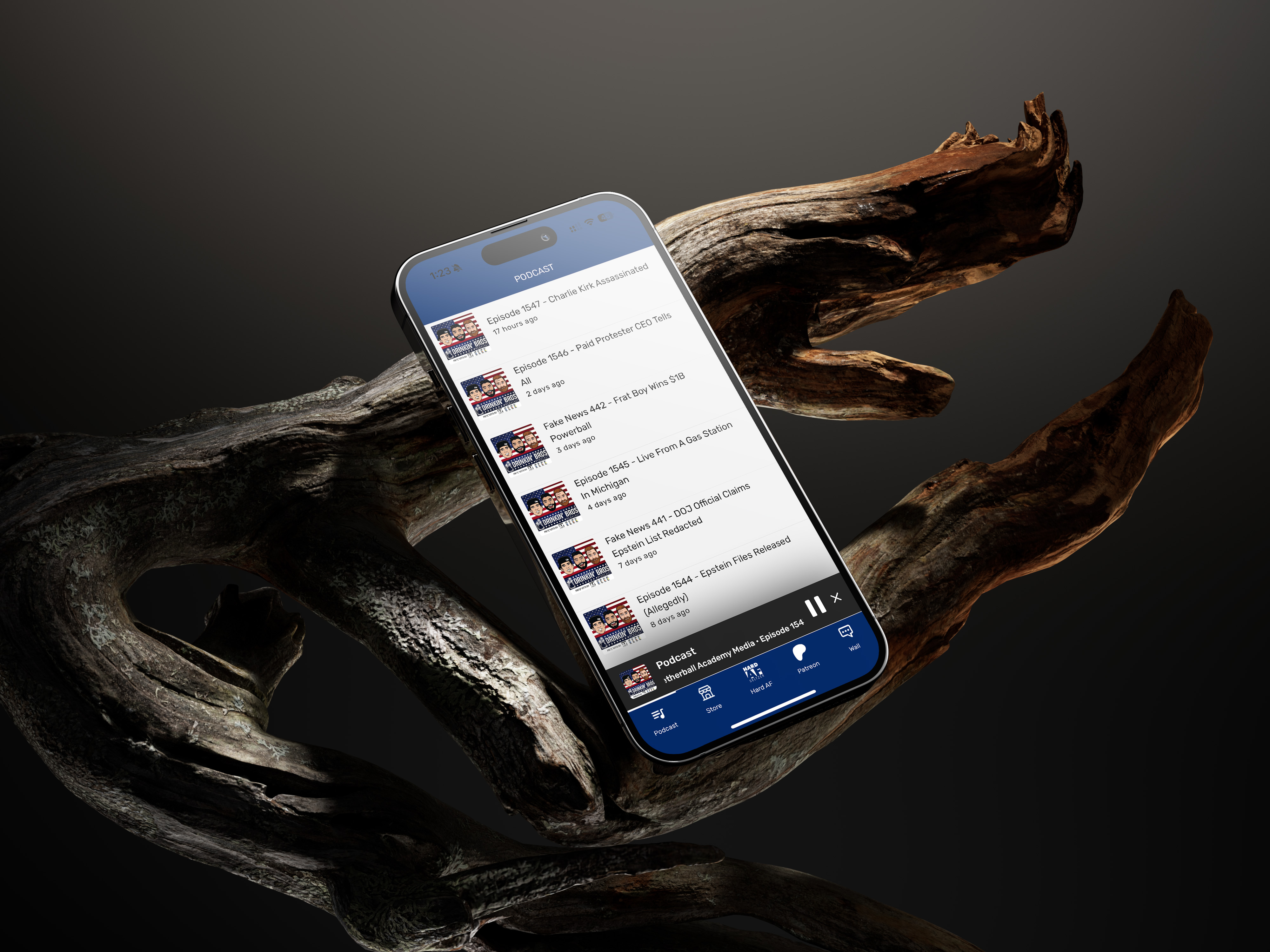 Smartphone displaying podcast app on twisted driftwood background