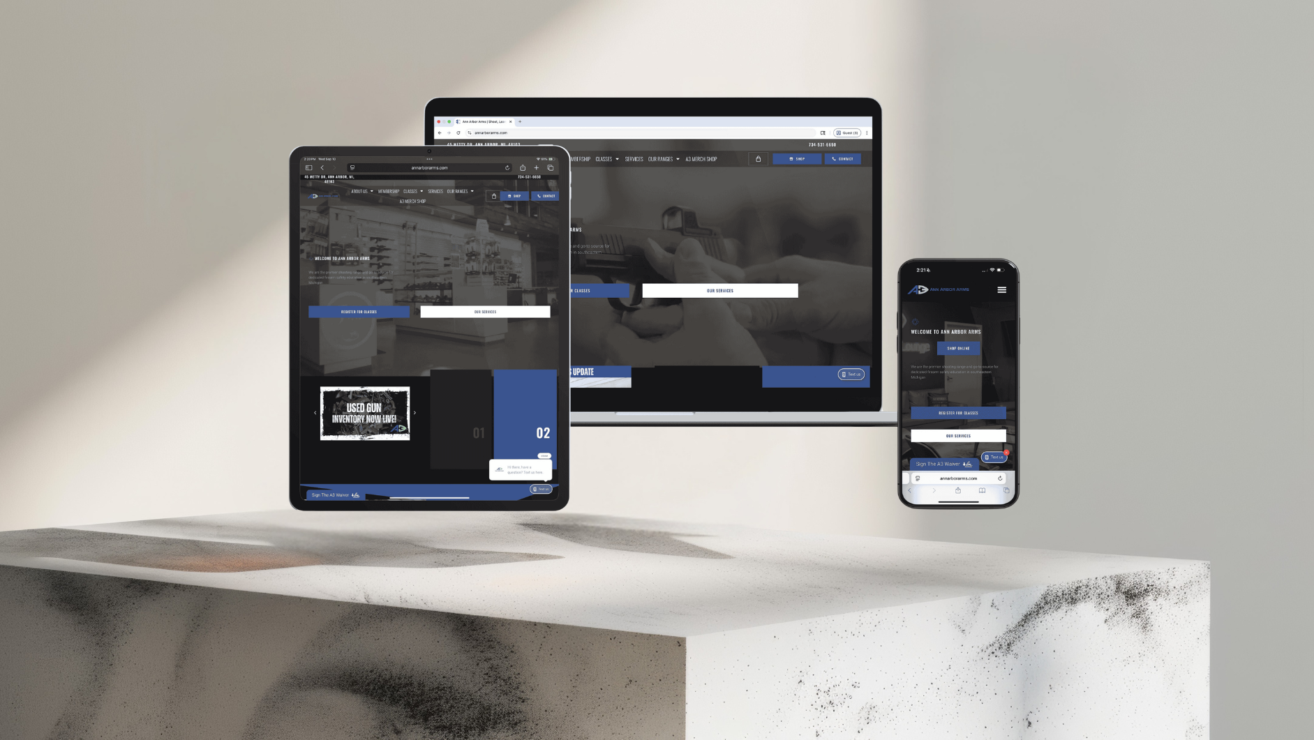 Responsive web design mockup across tablet, desktop, and mobile screens
