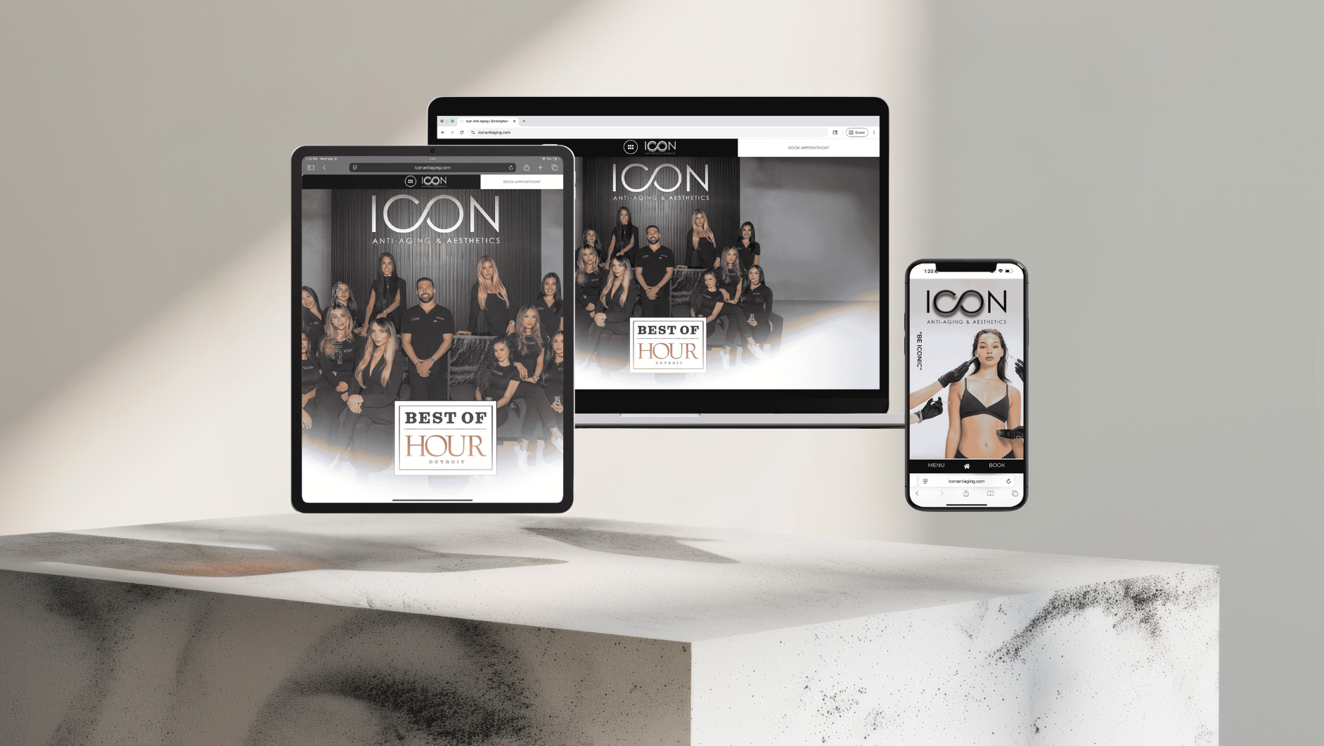 ICON Anti-Aging & Aesthetics website displayed across multiple device screens