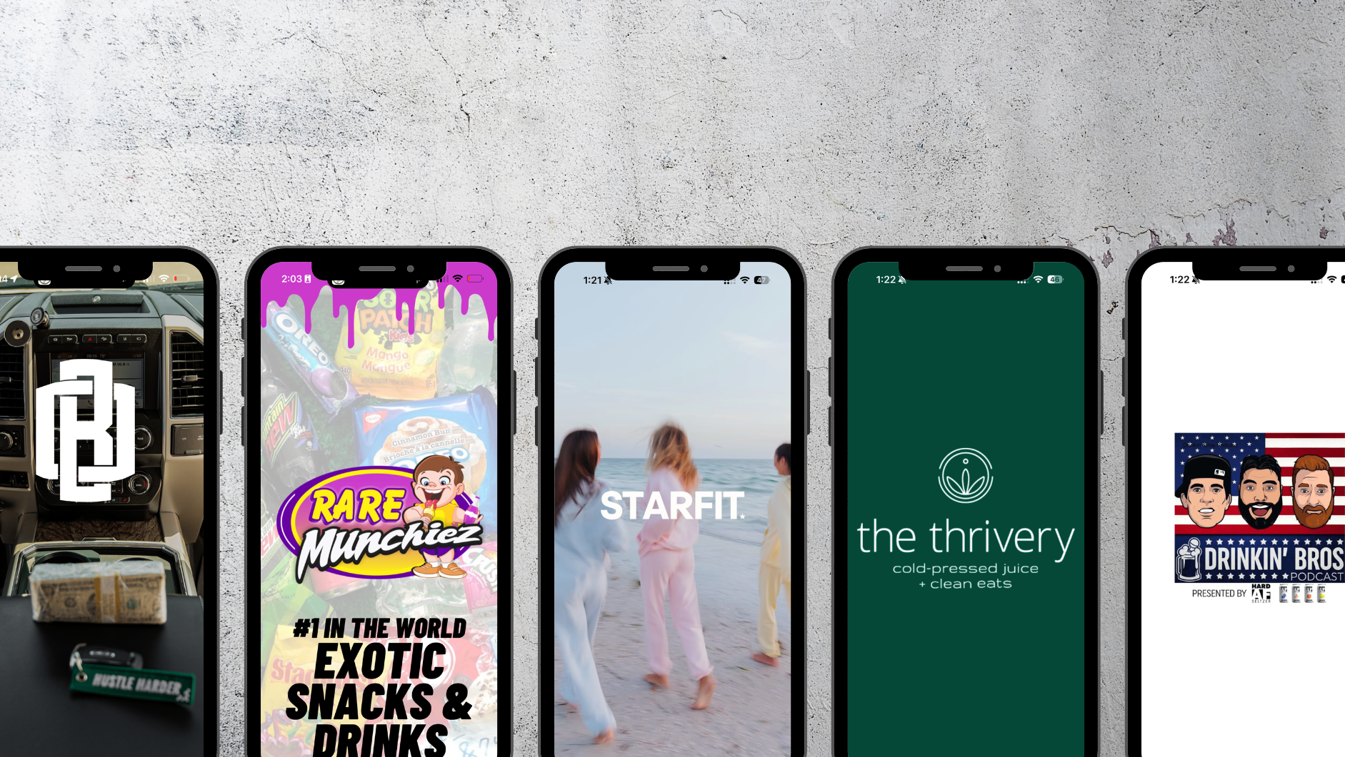 Five smartphone screens displaying various brand logos and app interfaces