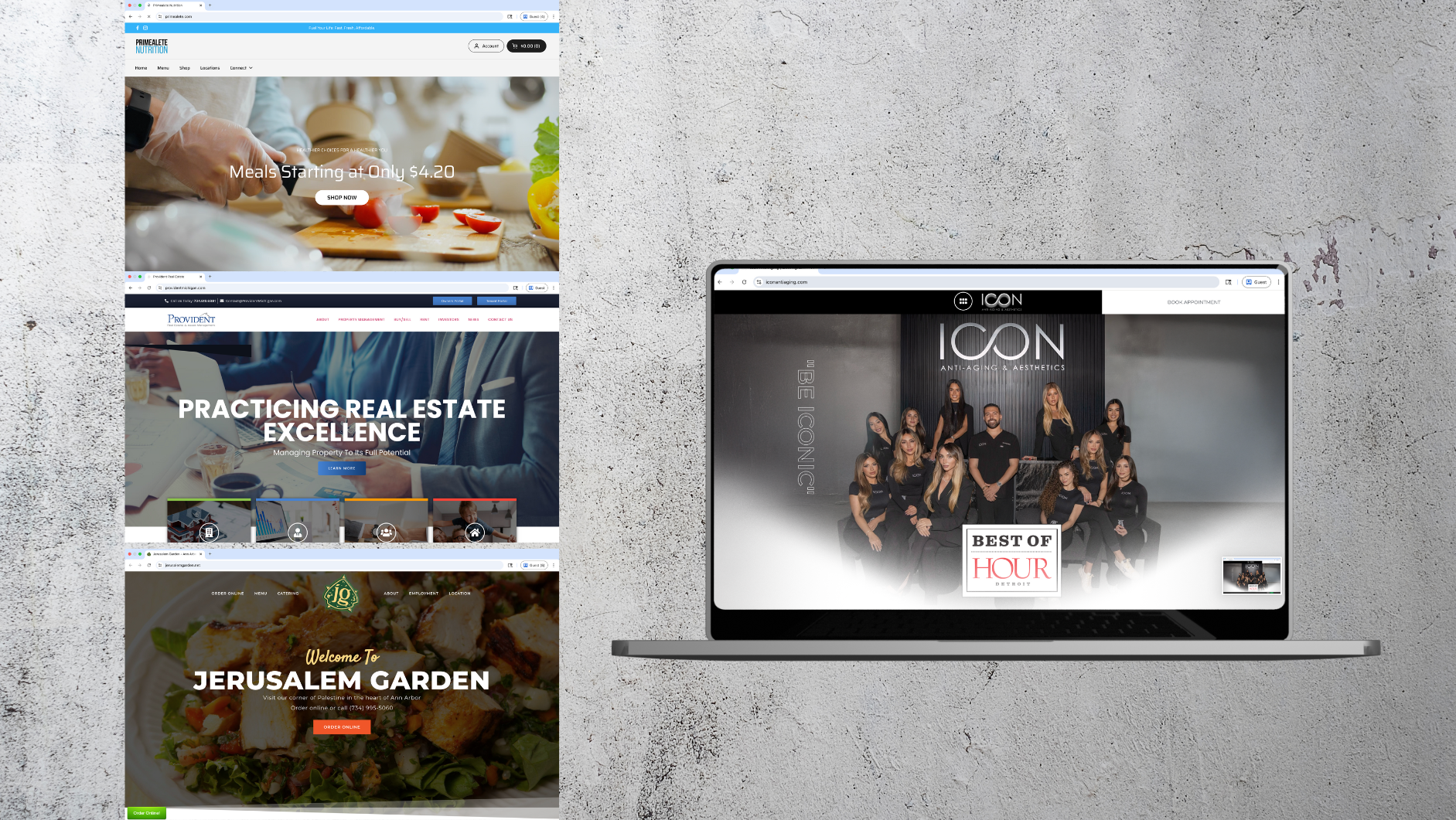 Multiple website screenshots displayed on laptop screens with different business homepages