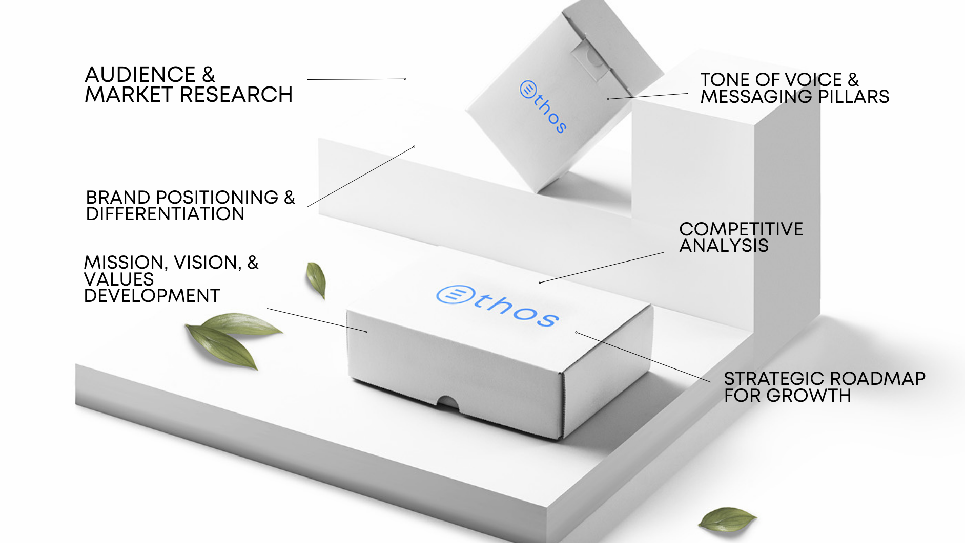 Ethos brand strategy diagram with white boxes and business development elements