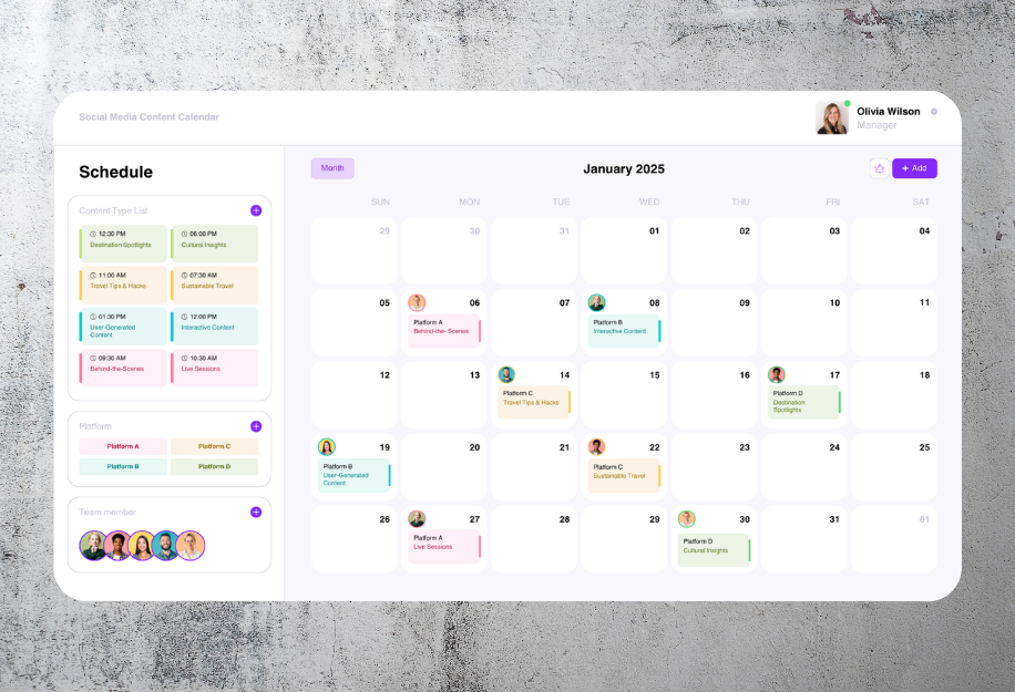 Social media content calendar for January 2025 with scheduled posts