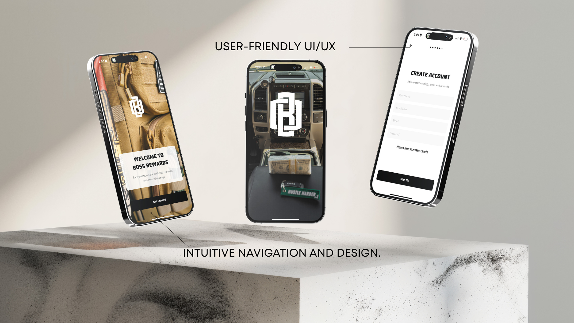 Three smartphone screens showcasing Boss Rewards app with intuitive design