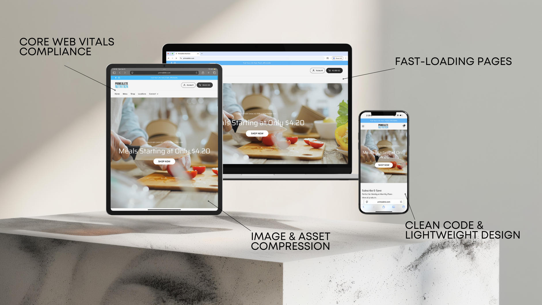 Responsive website design showcasing meal service across tablet, desktop, and mobile