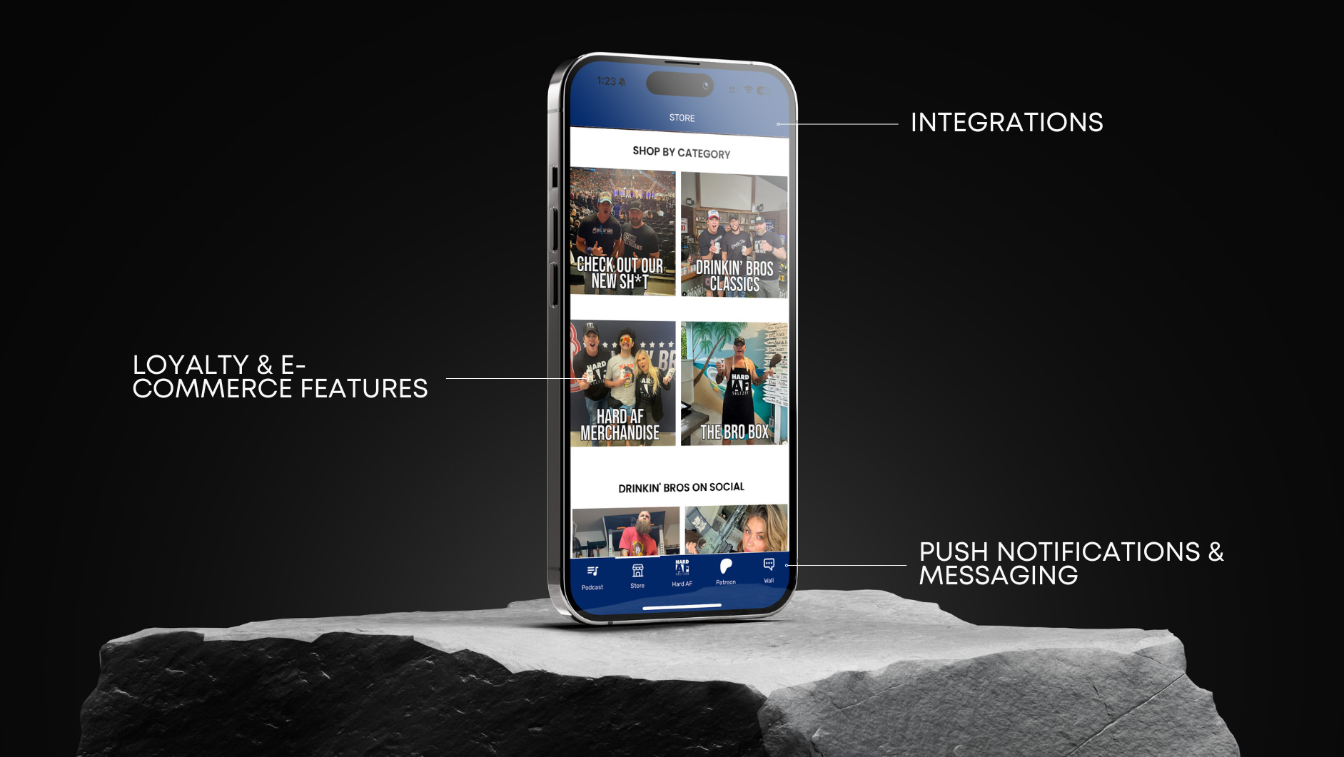 Drinkin' Bros mobile app showcasing store, social, and merchandise features