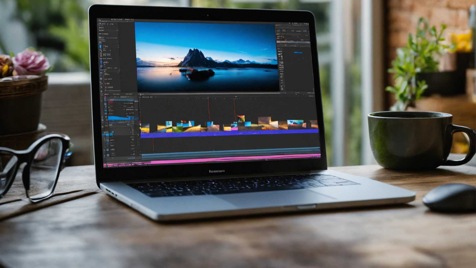 Laptop displaying video editing software with scenic mountain landscape on screen