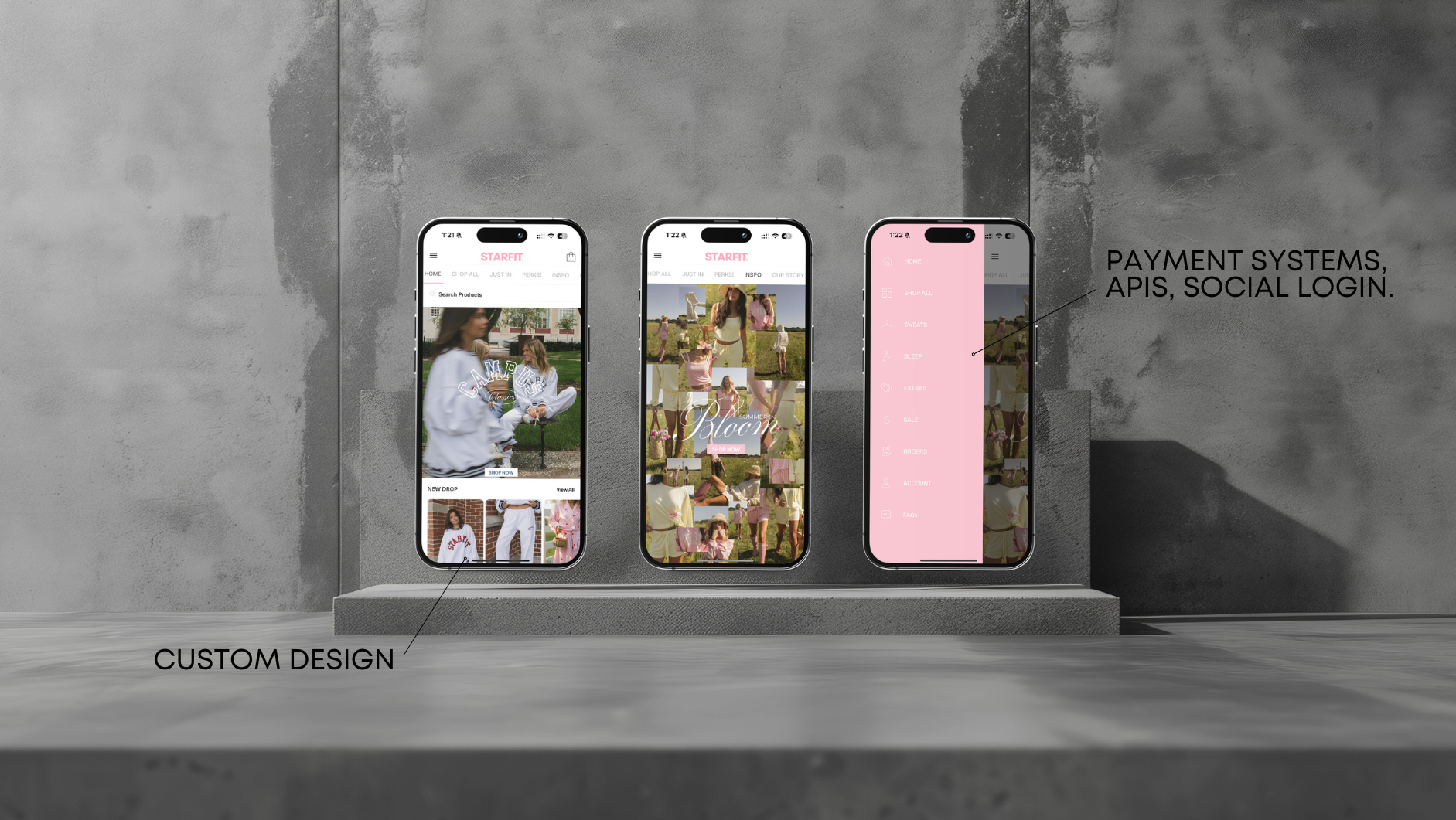 Three mobile screens showcasing fashion app design with pink and white theme