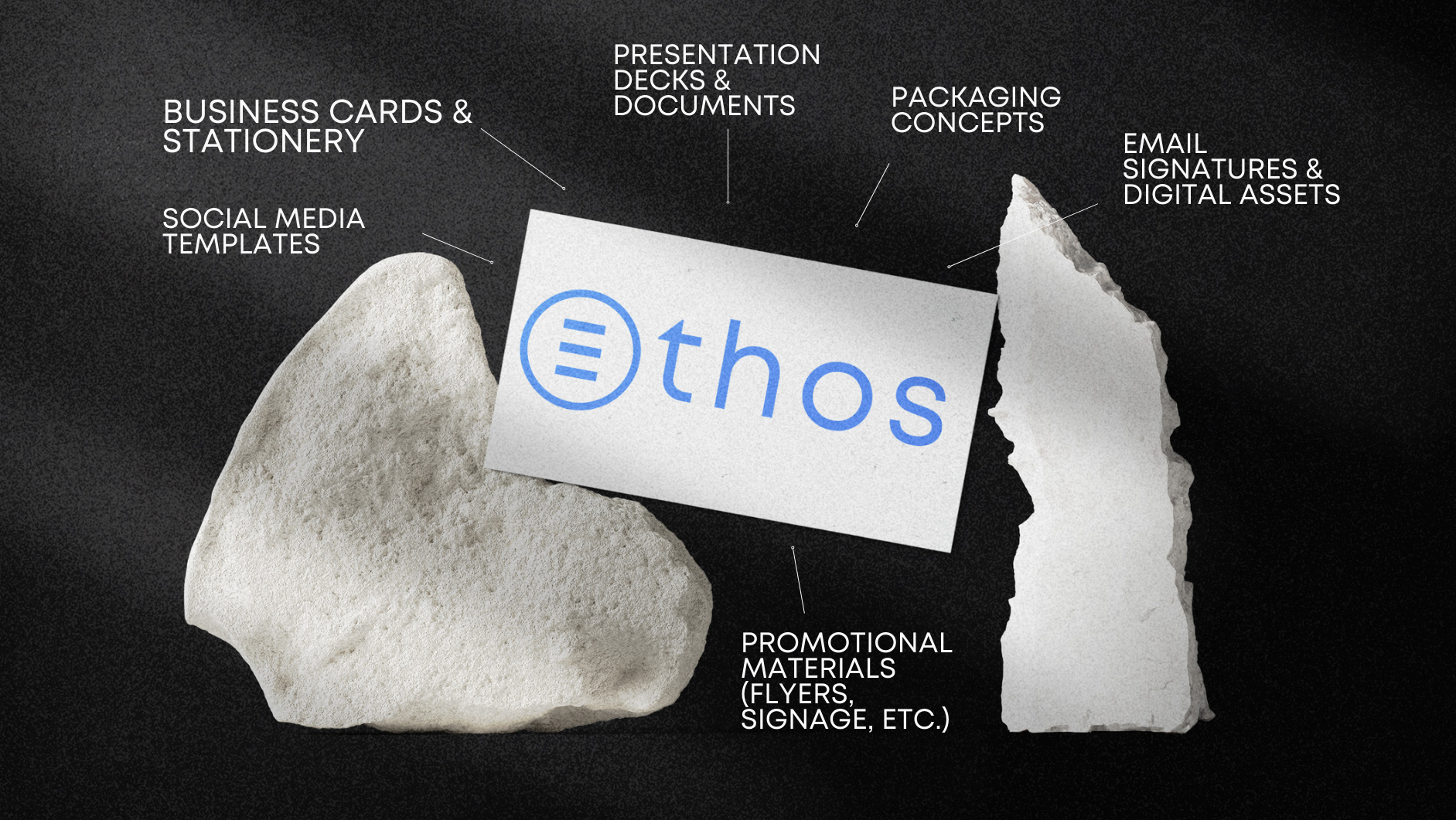 Ethos branding concept with logo on stone against dark background