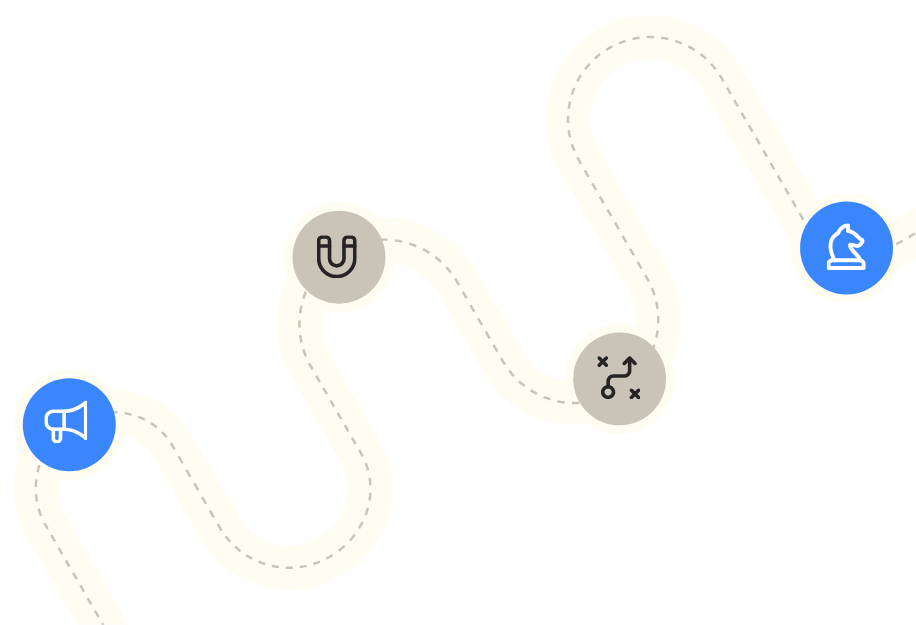Connected strategy icons with megaphone, magnet, and chess knight symbols