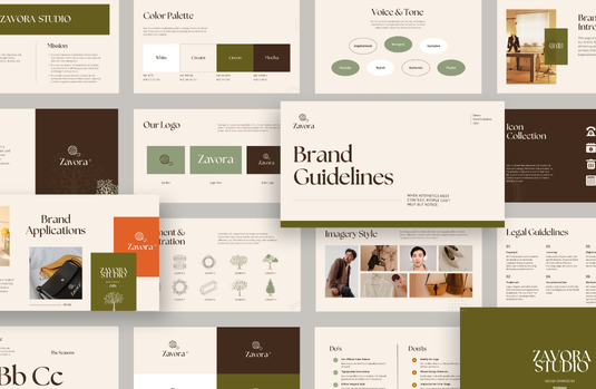 Zavora Studio brand guidelines mockup with color palette and design elements