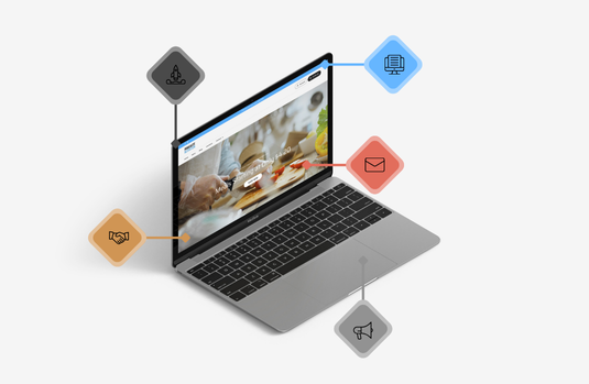 Laptop with floating icons representing communication and business services