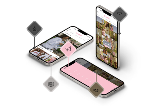 Multiple smartphones displaying photo collage app interface with connected icons