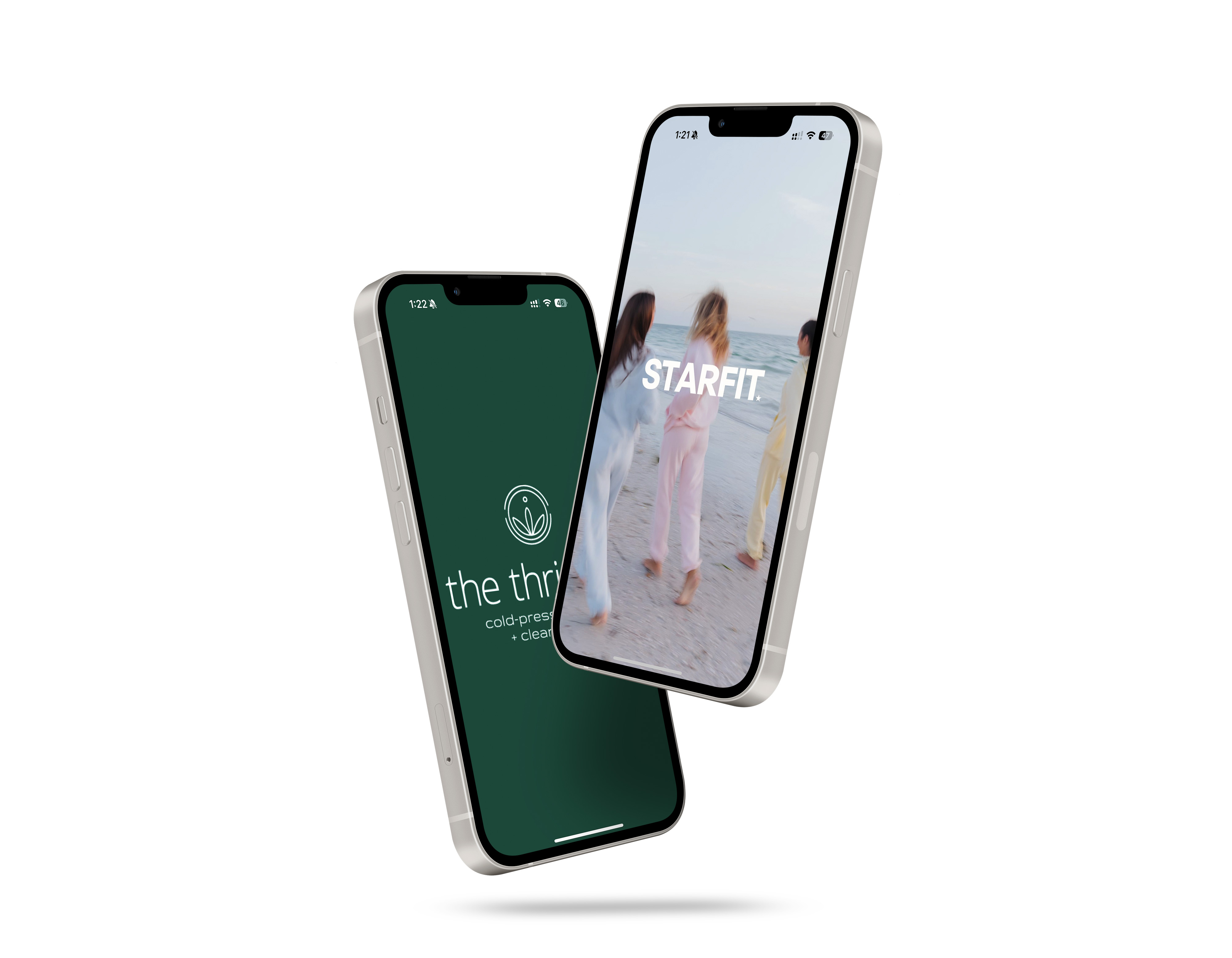 Two smartphones displaying fitness app screens with beach scene and brand logos