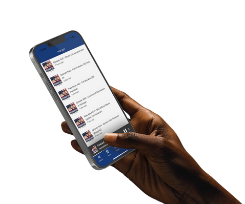 Hand holding smartphone displaying news feed or social media app