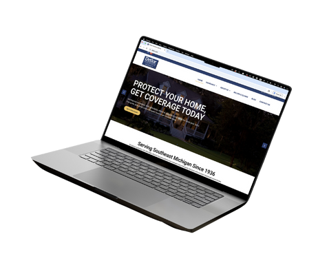 Laptop displaying home insurance website with protective coverage message
