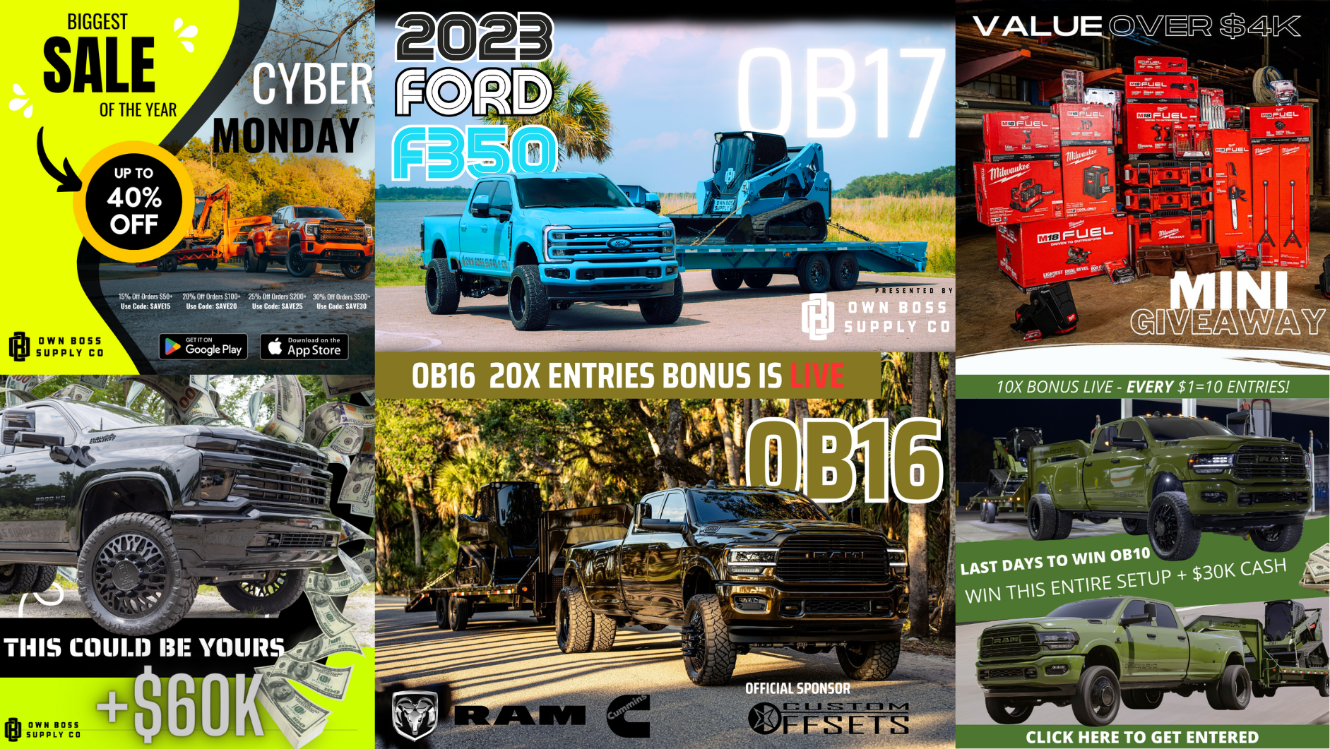 Cyber Monday sale featuring Ford and RAM trucks with bonus entries