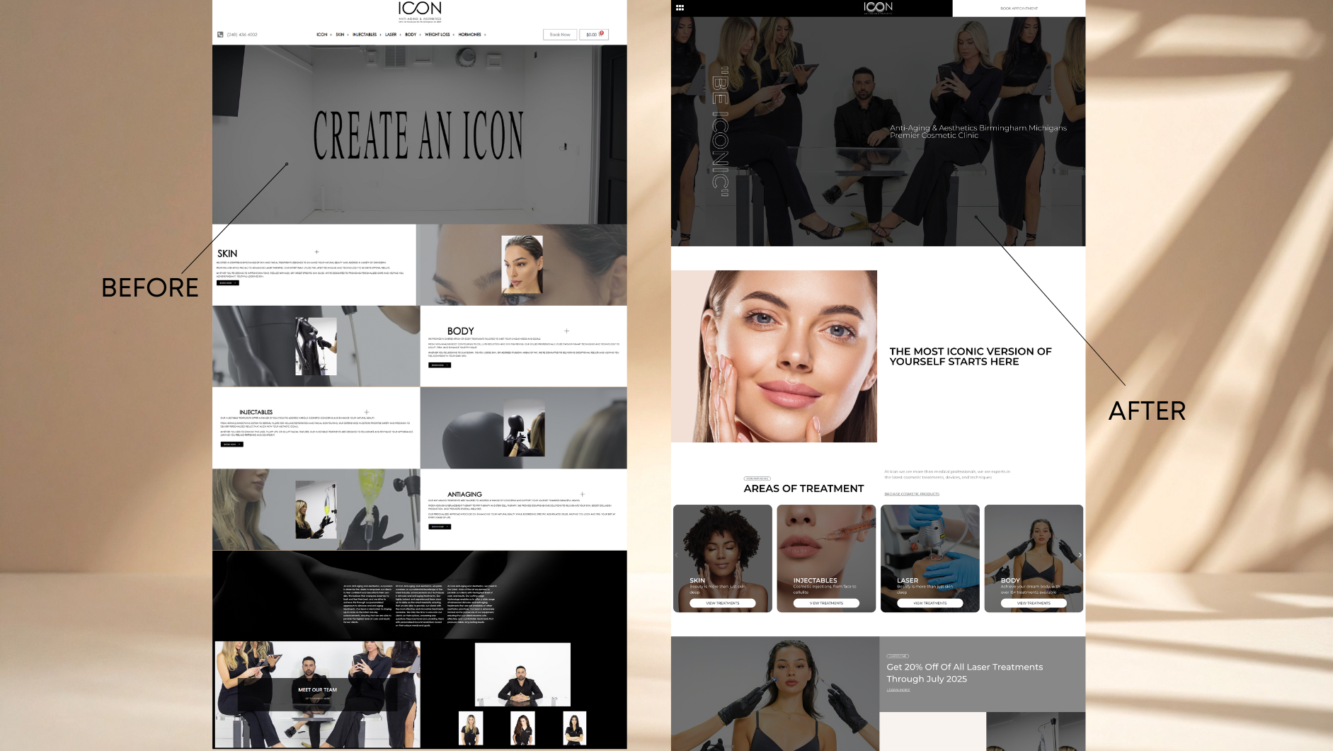 Before and after website redesign for aesthetic clinic with treatment areas