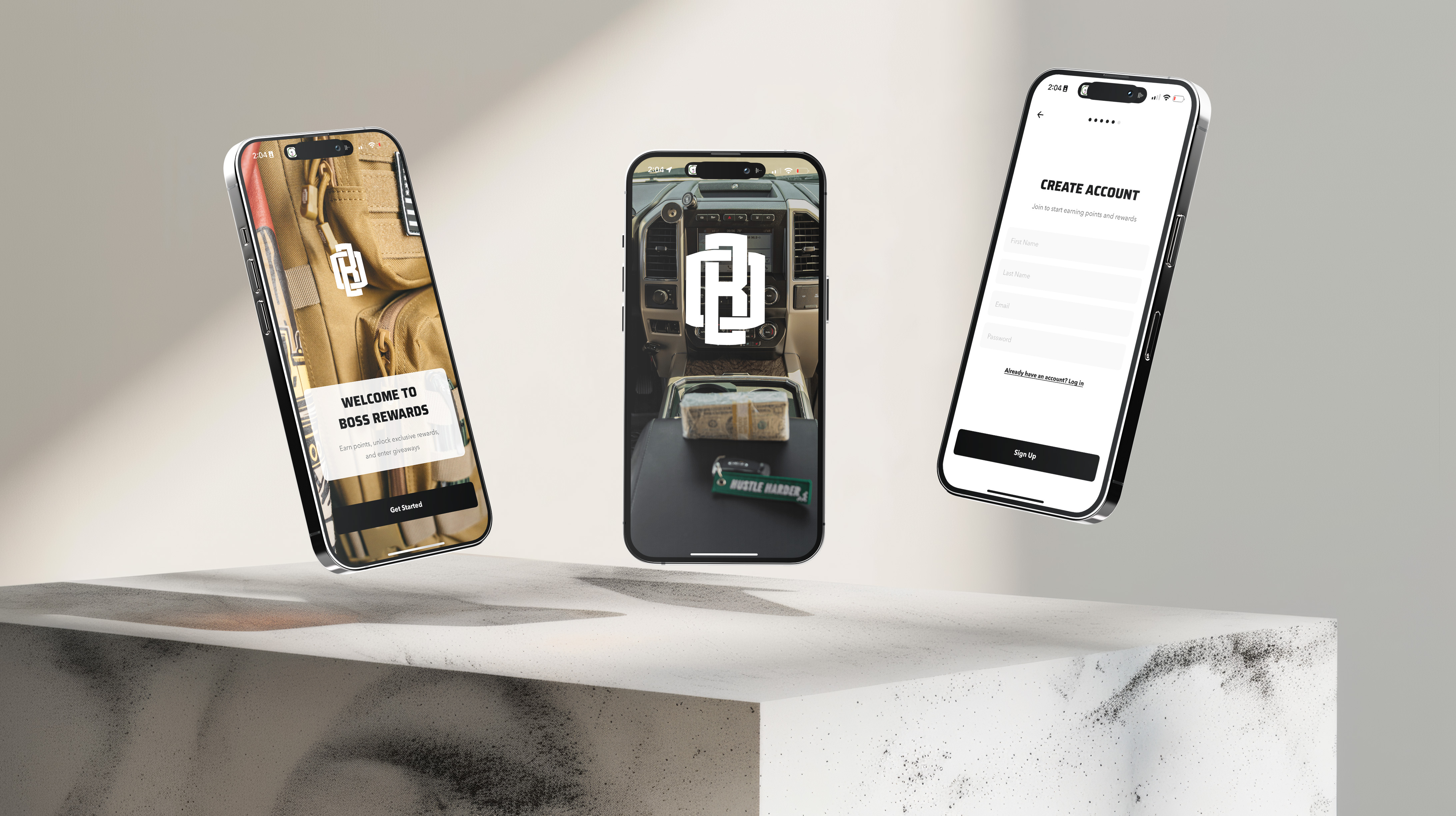 Three smartphones displaying Boss Rewards app screens with account creation