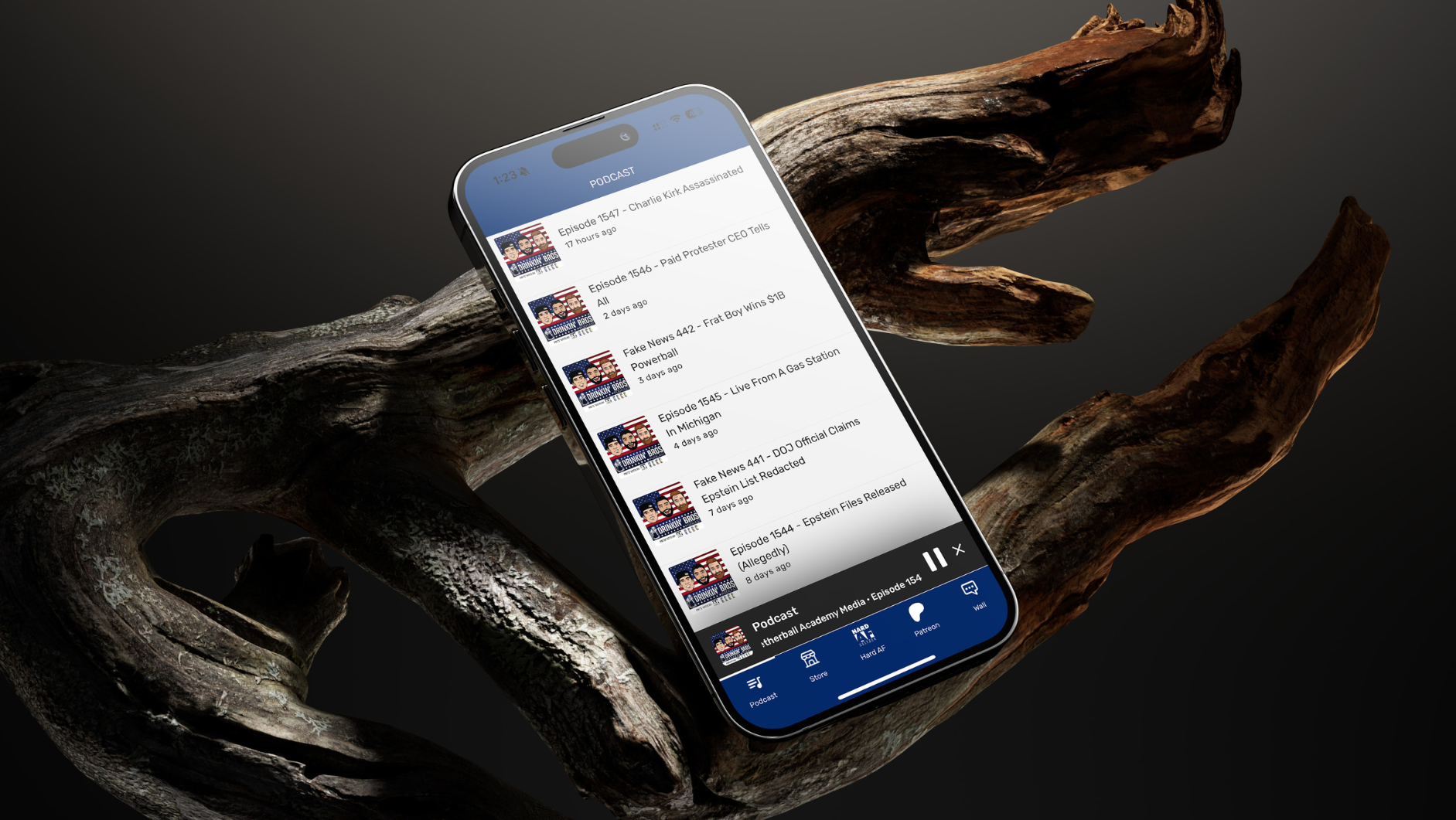 Podcast app on smartphone displayed on twisted wooden branch