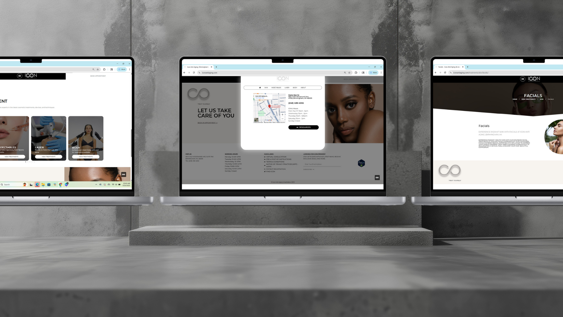 Three computer screens displaying medical spa website design and layouts