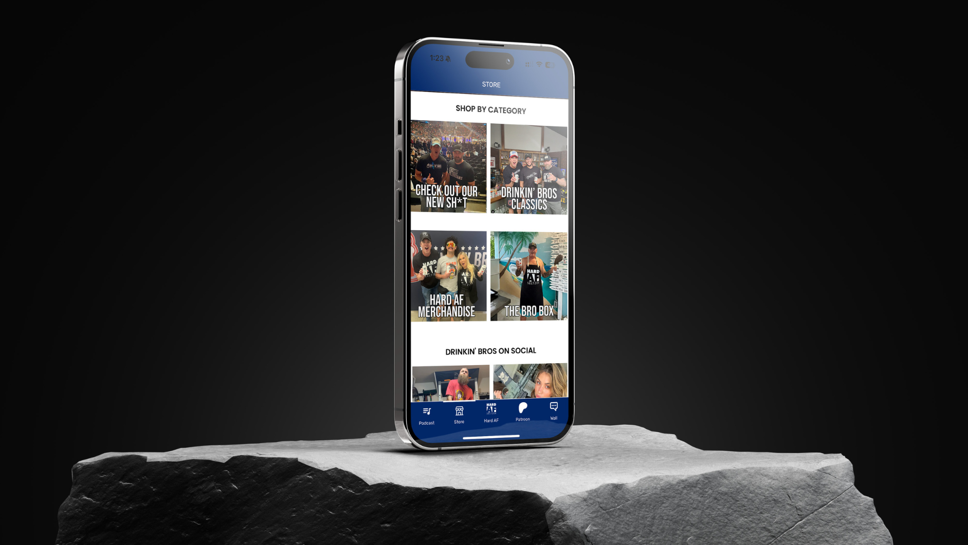 Smartphone displaying Drinkin' Bros mobile app store page with various images