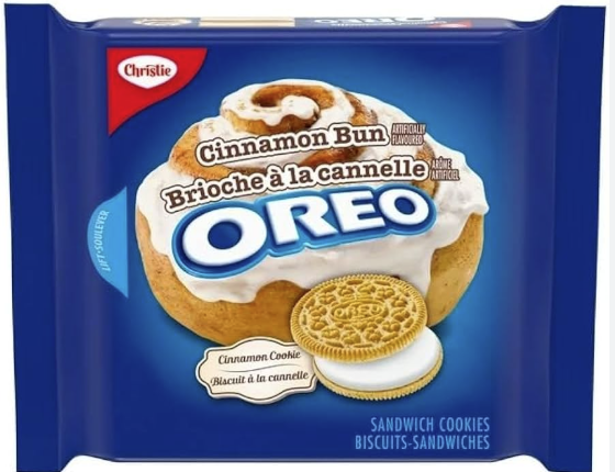 Oreo Cinnamon Bun flavor package with cookie and frosted bun