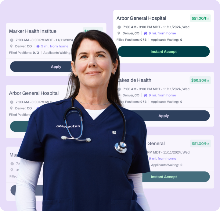 A healthcare professional in front of an app interface with shift options at local facilities. 
