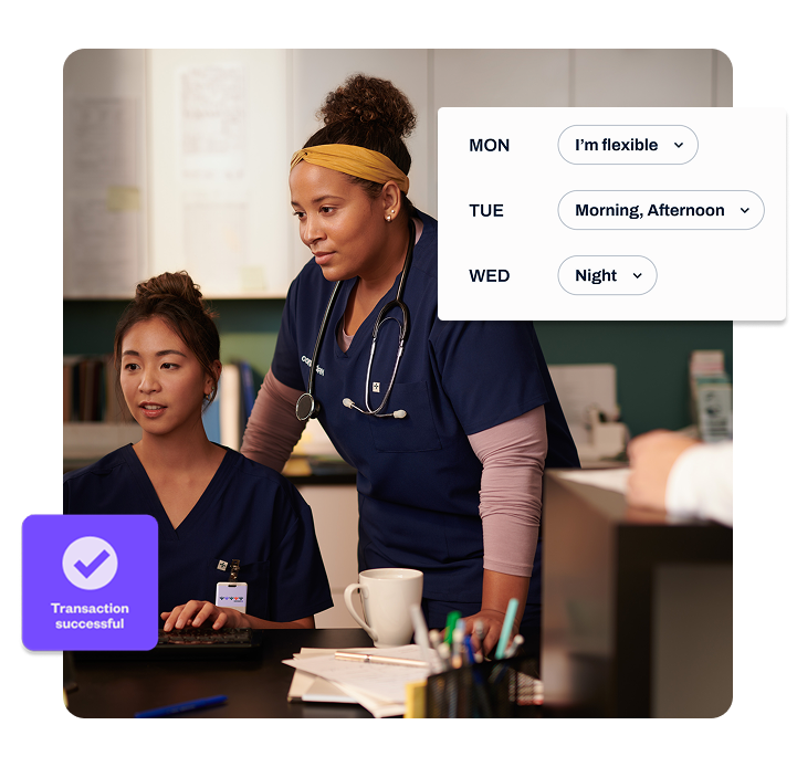 Two healthcare professionals working a per diem shift at a long-term care facility. 
