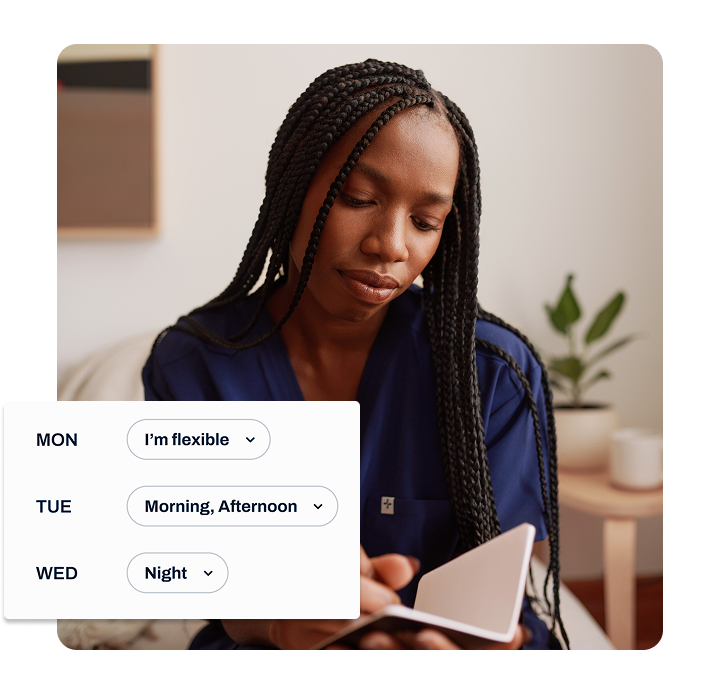 Nurse using mobile app to set flexible work schedule preferences - Monday flexible availability, Tuesday morning/afternoon shifts, Wednesday night shifts. Per diem nursing made simple.