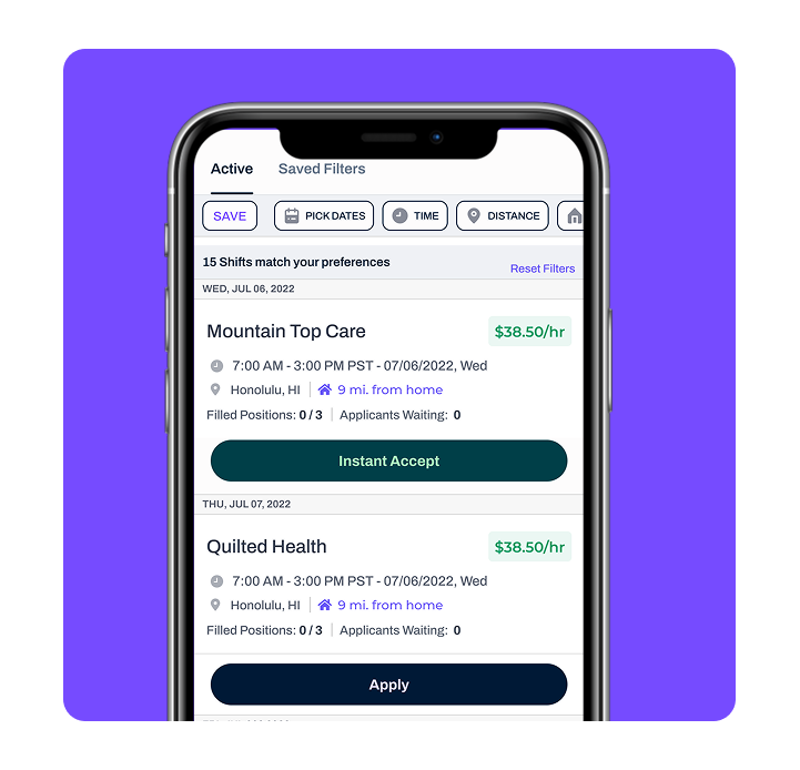 connectRN mobile app showing available per diem nursing shifts at facilities. Browse hospital shifts with instant accept and apply options.