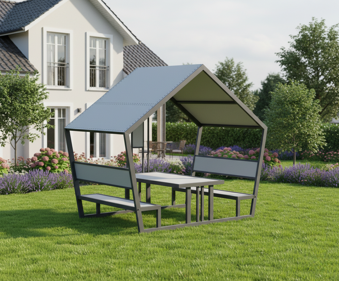 Pergola stalowa przy domu – wizualizacja