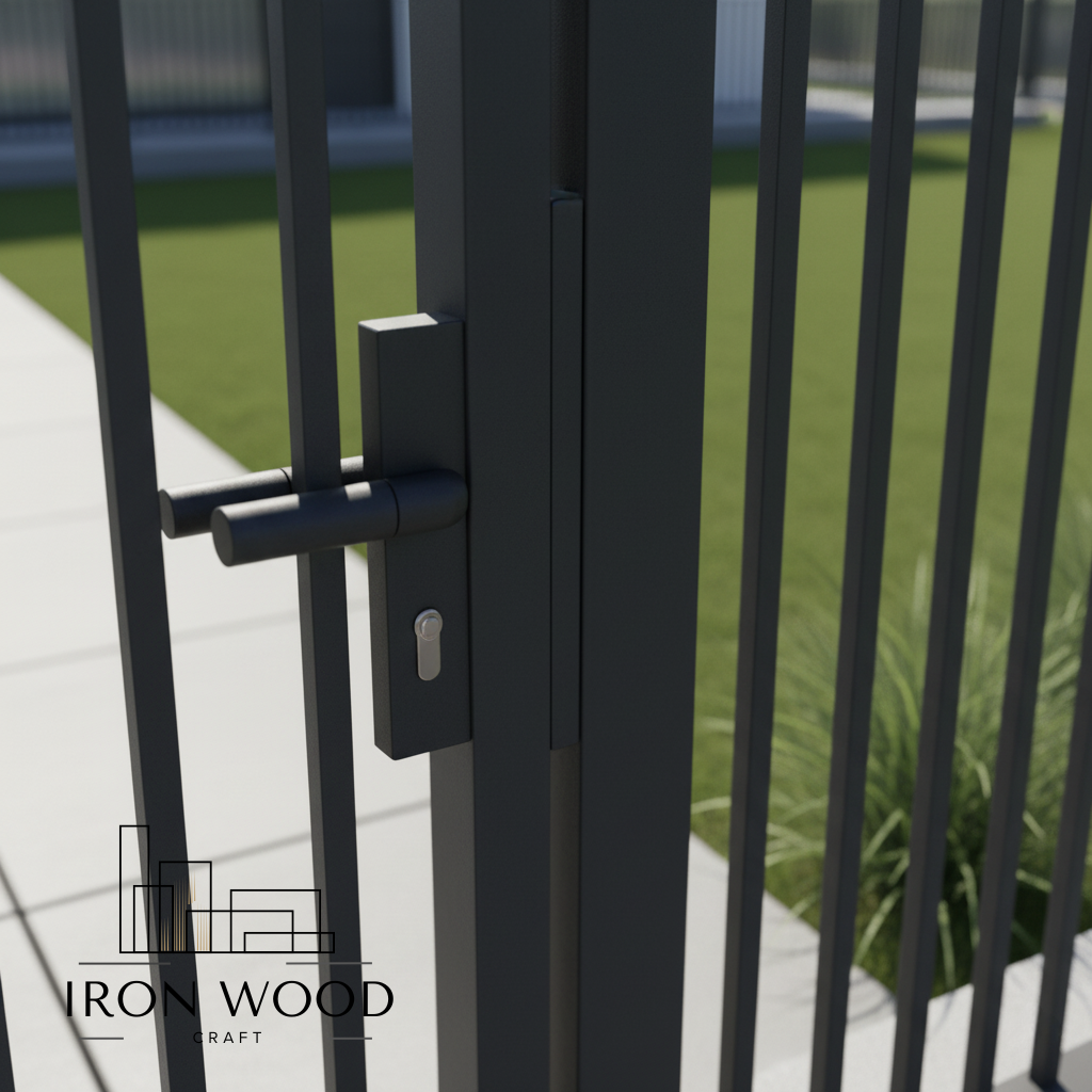 Zbliżenie nowoczesnej, czarnej metalowej furtki z zamkiem i klamką na tle podwórka z zieloną trawą.