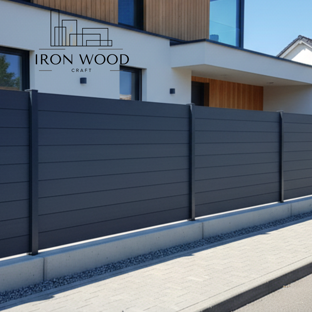 Nowoczesny dom z płotem z poziomych szarych paneli i szarym chodnikiem przed nim.