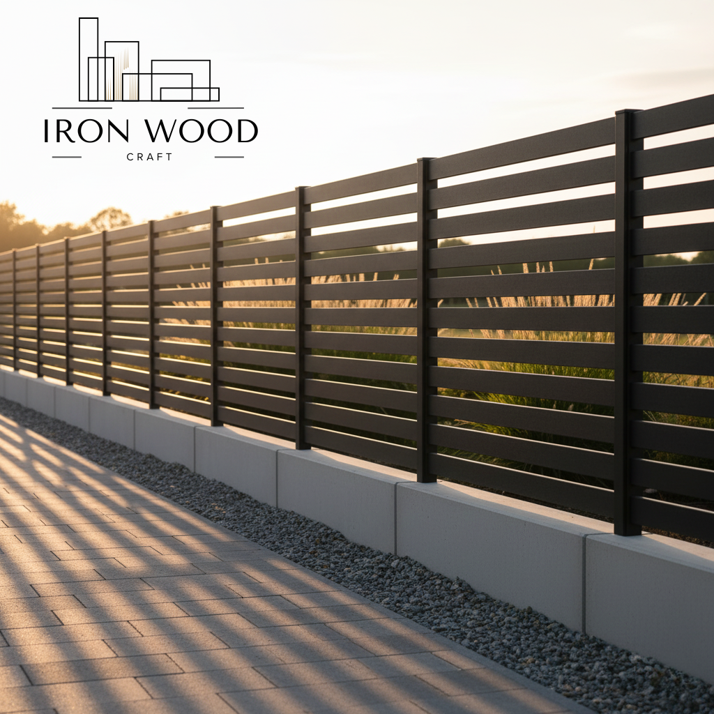 Czarny nowoczesny ogrodzenie metalowe na betonowej podstawie z logo Iron Wood Craft w lewym górnym rogu.