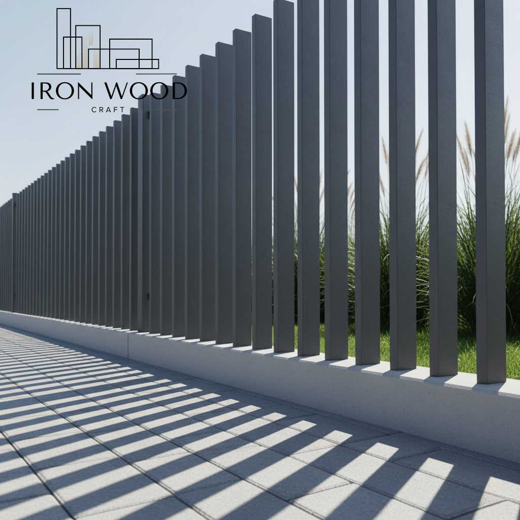 Nowoczesne pionowe metalowe ogrodzenie z cienistym wzorem na szarych płytkach na zewnątrz.