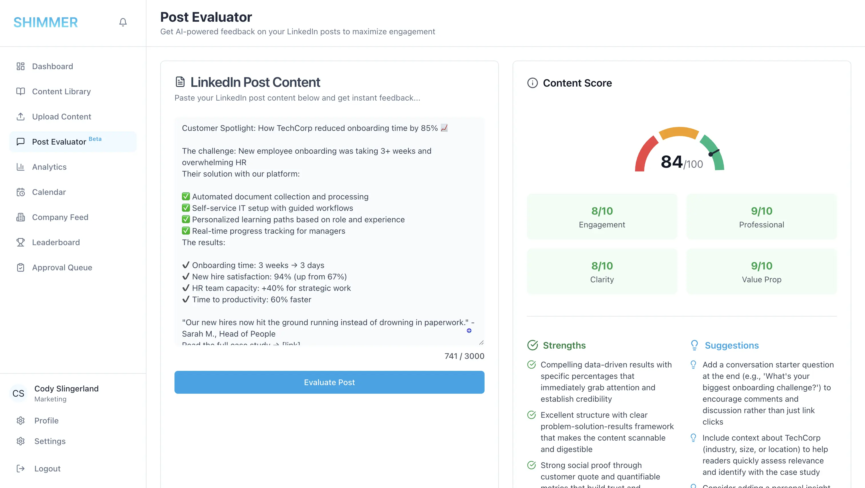 Shimmer LinkedIn Post Evaluator