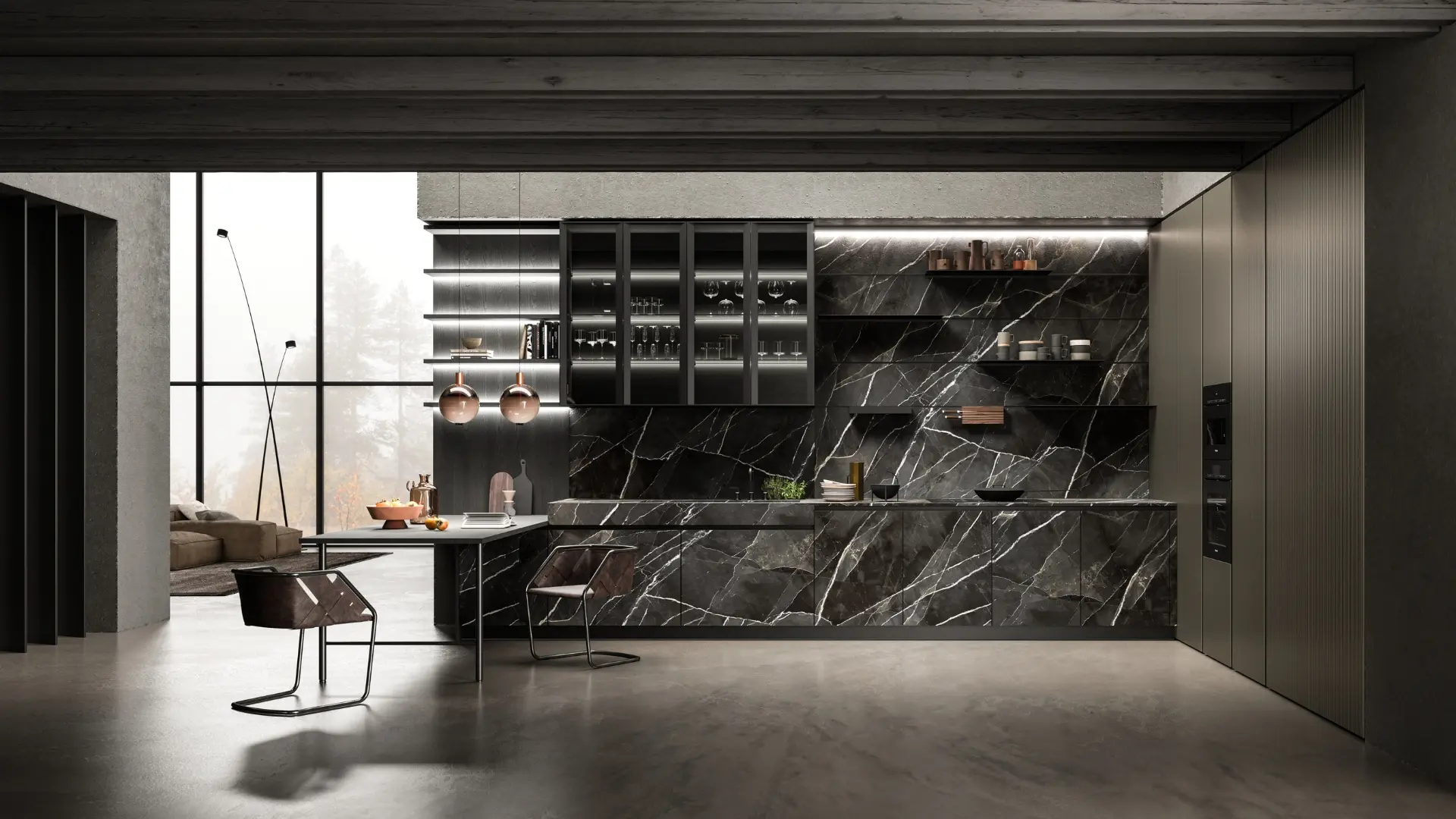 Cuisine sur mesure moderne noir métal et marbre à l'Ile sur la Sorgue