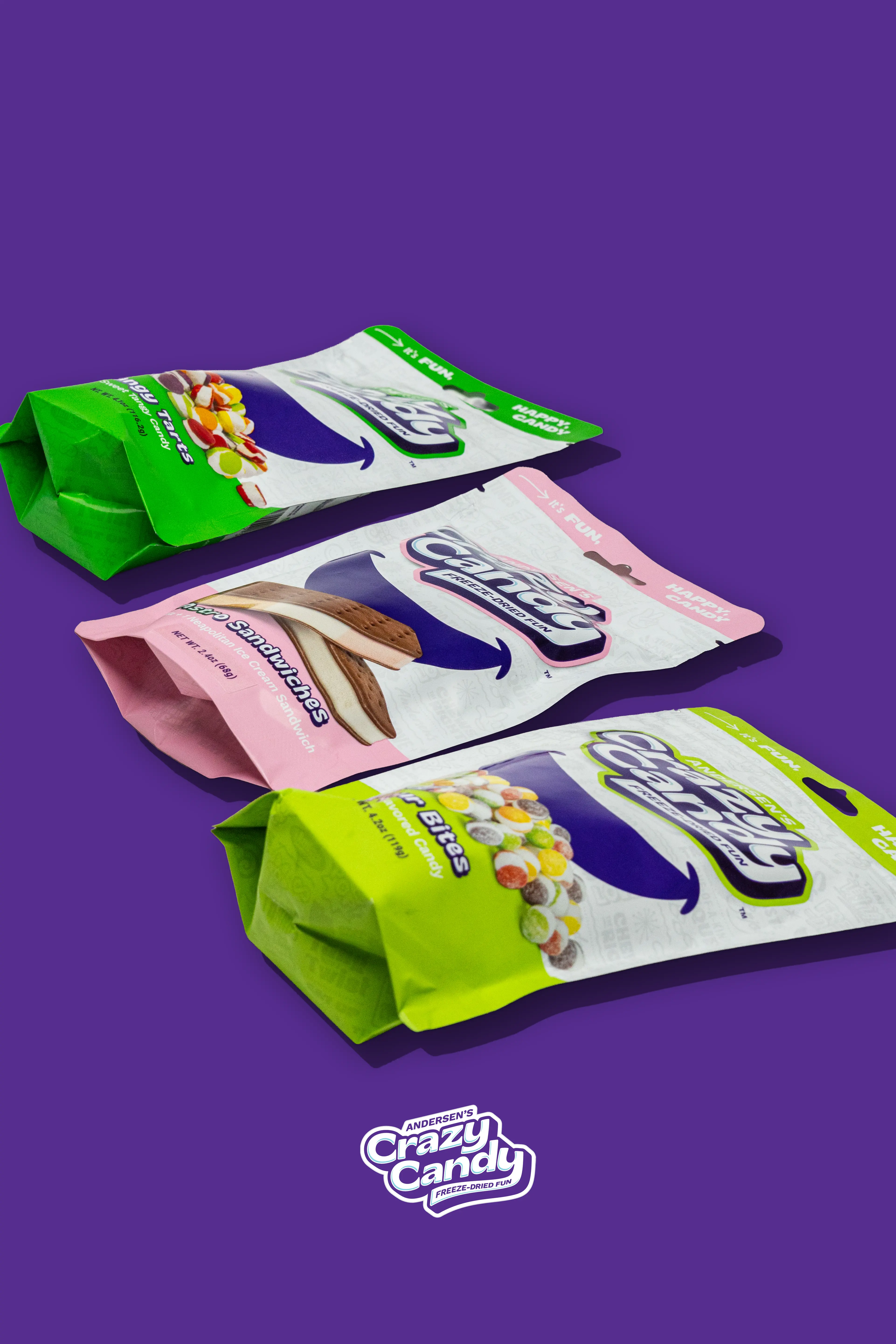 Packages of Crazy Candy sour bites, Astro sandwiches, and tangy tarts