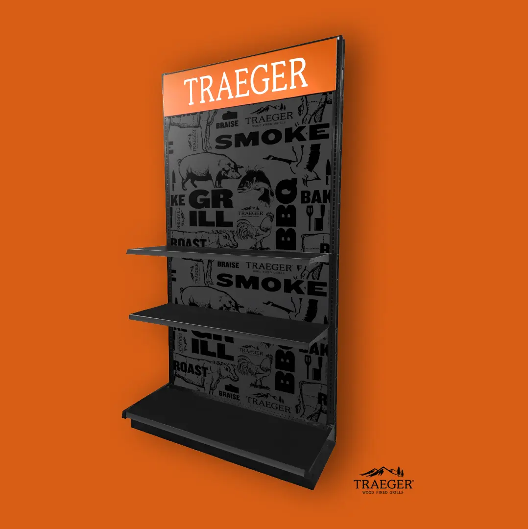 An orange and black Traeger-branded shelving installation.