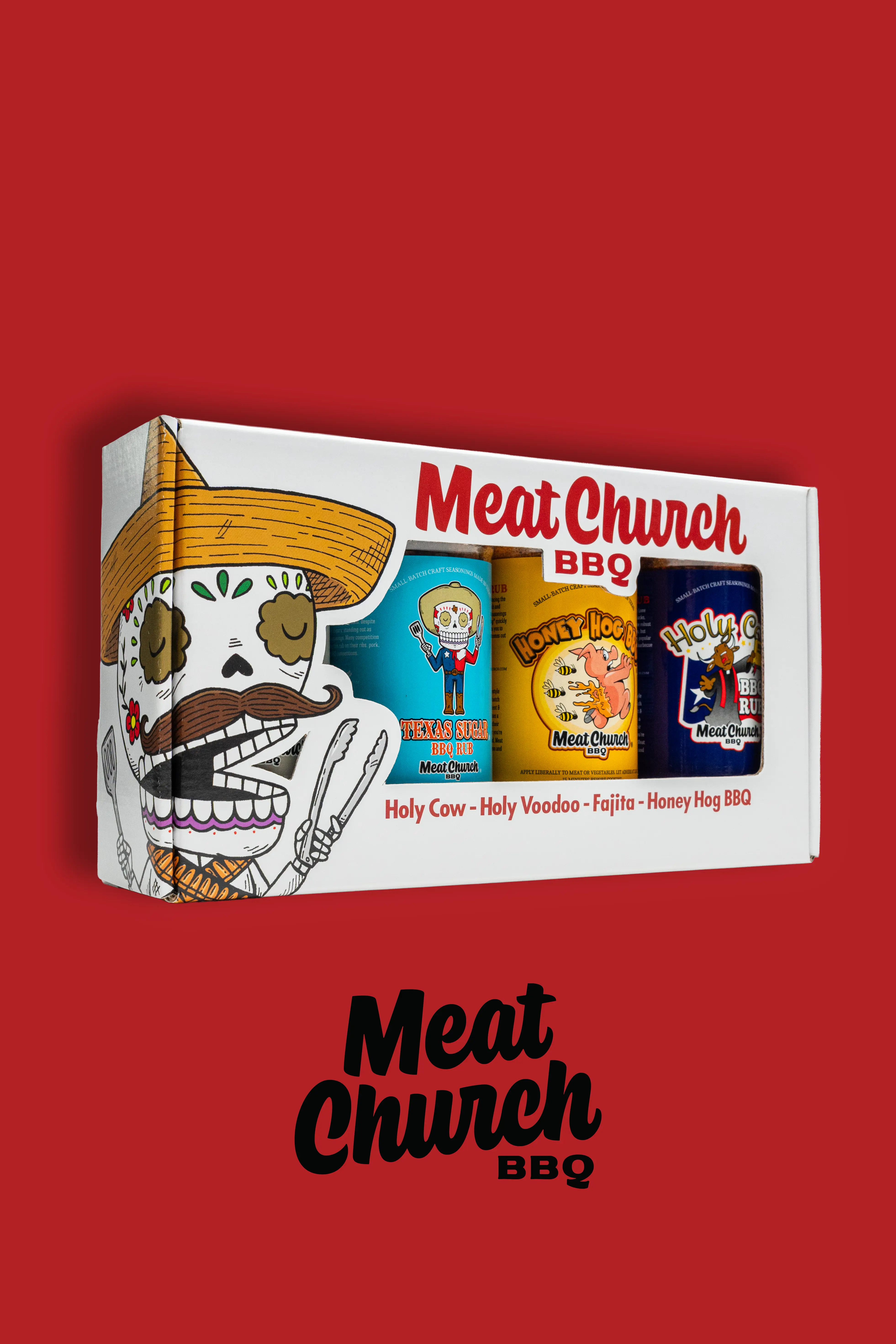 A packaged set of 3 Meat Church barbecue sauces